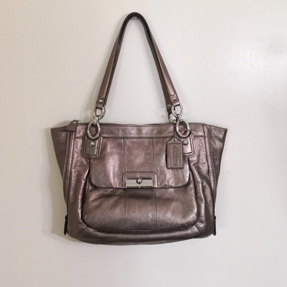 Coach Kristin Leather Pewter Metallic Tote Shoulder Bag 14"L X 11.5"H x 2.75" D - Picture 1 of 13